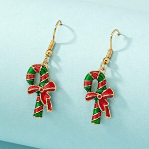 Fashion Christmas Candy Cane Drop Dangle Earrings 14K Gold Plated Red Bow Knot Fish Hook Hoops Earring Cute Xmas Holiday Party Decoration Supplies Jewelry Gifts for Women Teen Girls Accessories