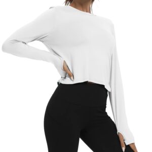 Bestisun Long Sleeve Workout Crop Shirt Open Back Athleisure Wear Yoga Crop Tops Gym Sweatshirt Training Exercise Shirts White XL