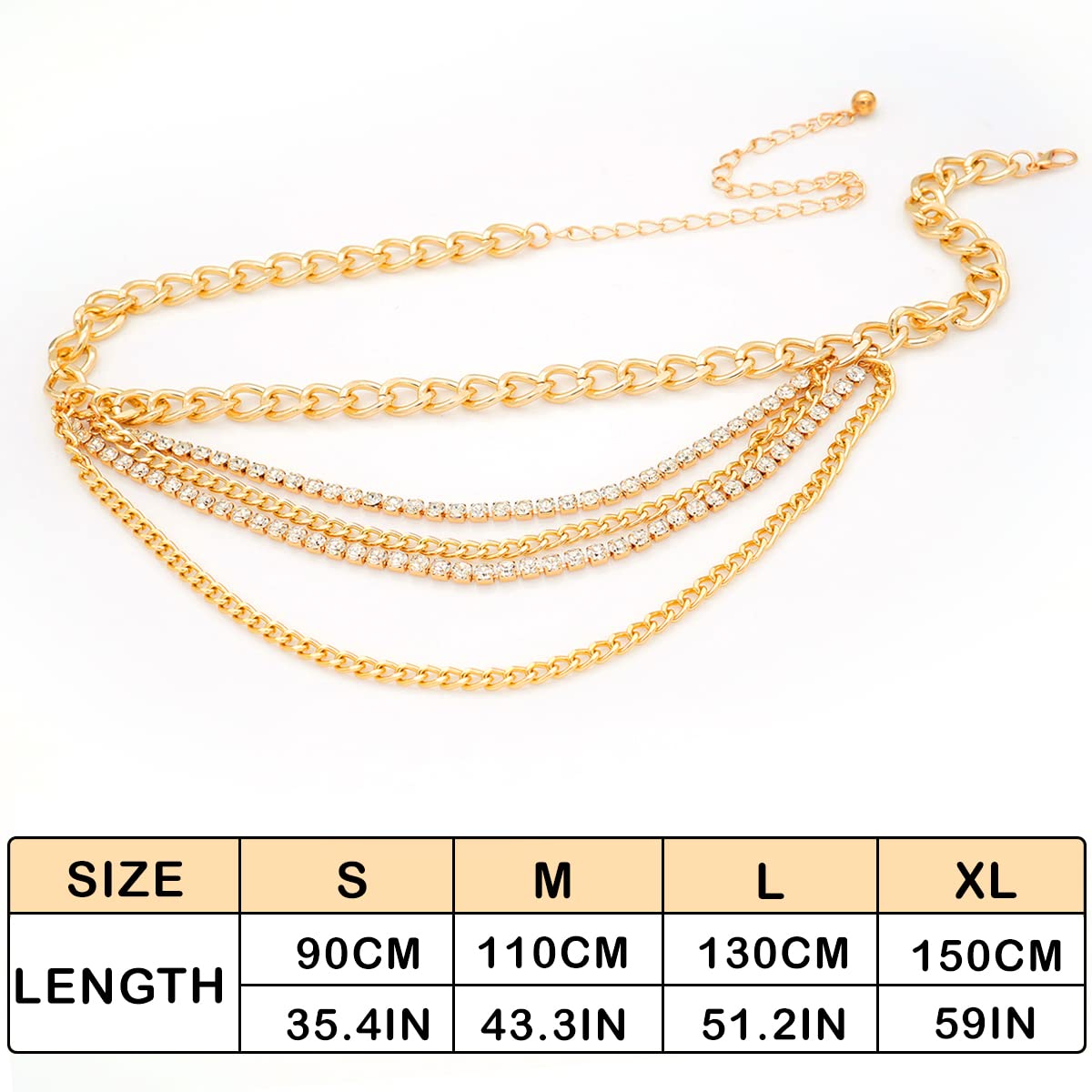 YeeHeen Rhinestone Chain Belt Multilayer Metal Waist Chain for Women Punk Chunky Chain Belts Plus Size 150CM Gold