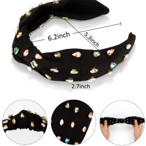 Wecoe 1pc Black Rhinestone Headband Top Knotted Headband For Women Girls Wide Headbands Non Slip Fashion Cloth Sparkly Jeweled Beaded Embellished Headband Homecoming Hair Accessories For Women Girls