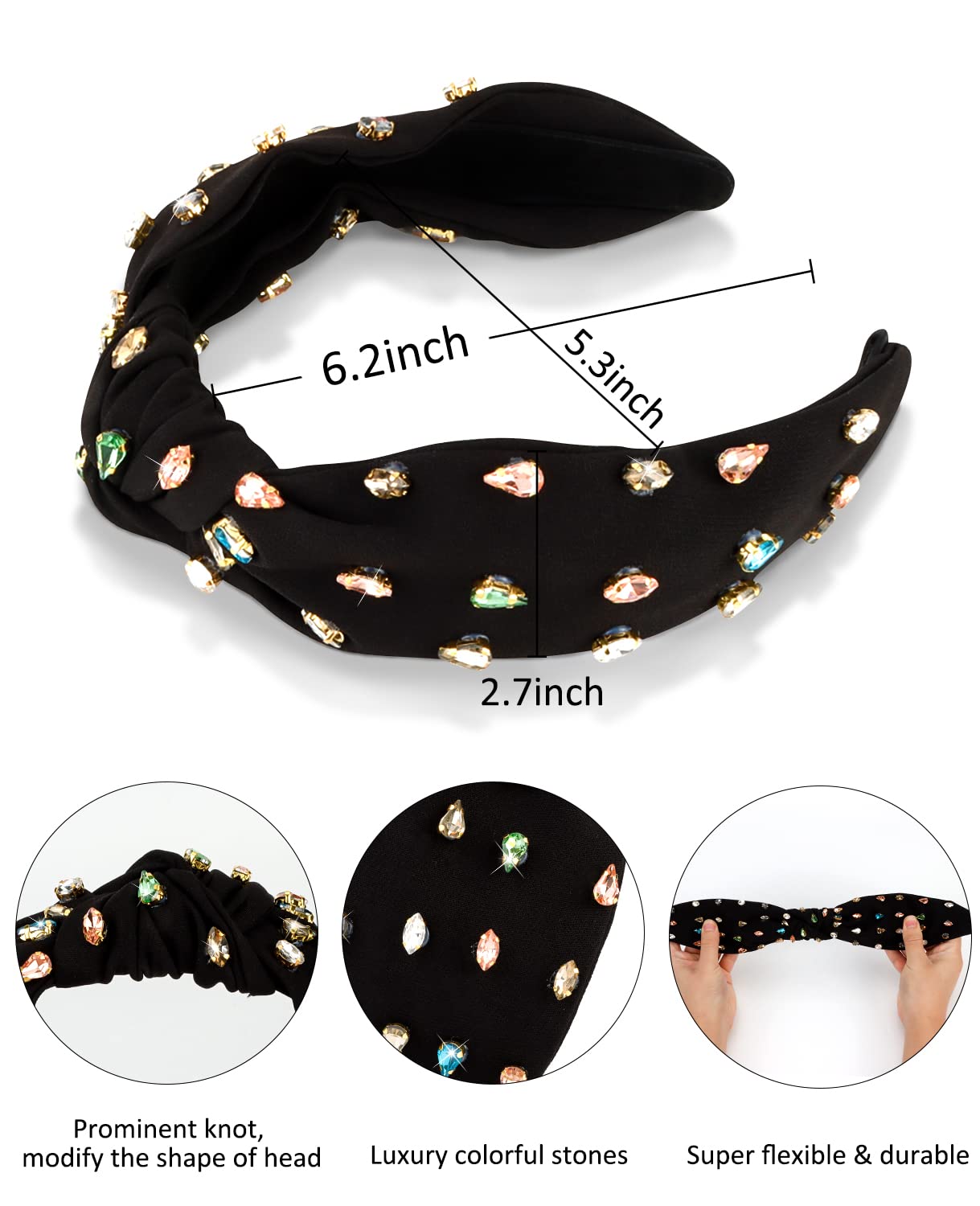 Wecoe 1pc Black Rhinestone Headband Top Knotted Headband For Women Girls Wide Headbands Non Slip Fashion Cloth Sparkly Jeweled Beaded Embellished Headband Homecoming Hair Accessories For Women Girls