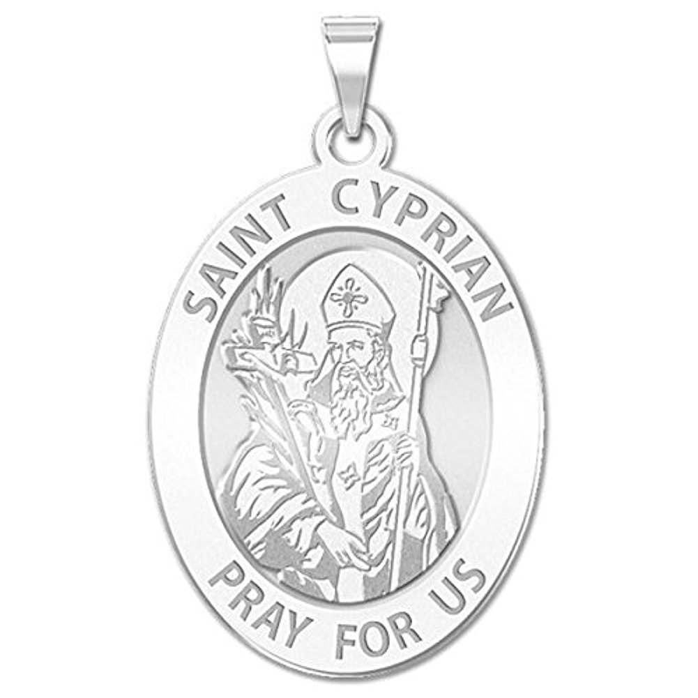 PicturesOnGold.com Saint Cyprian Oval Religious Medal - Solid 10k White Gold, 1/2 Inch X 2/3 Inch Size of Dime - Protection Jewelry Christian Gifts for Men & Women