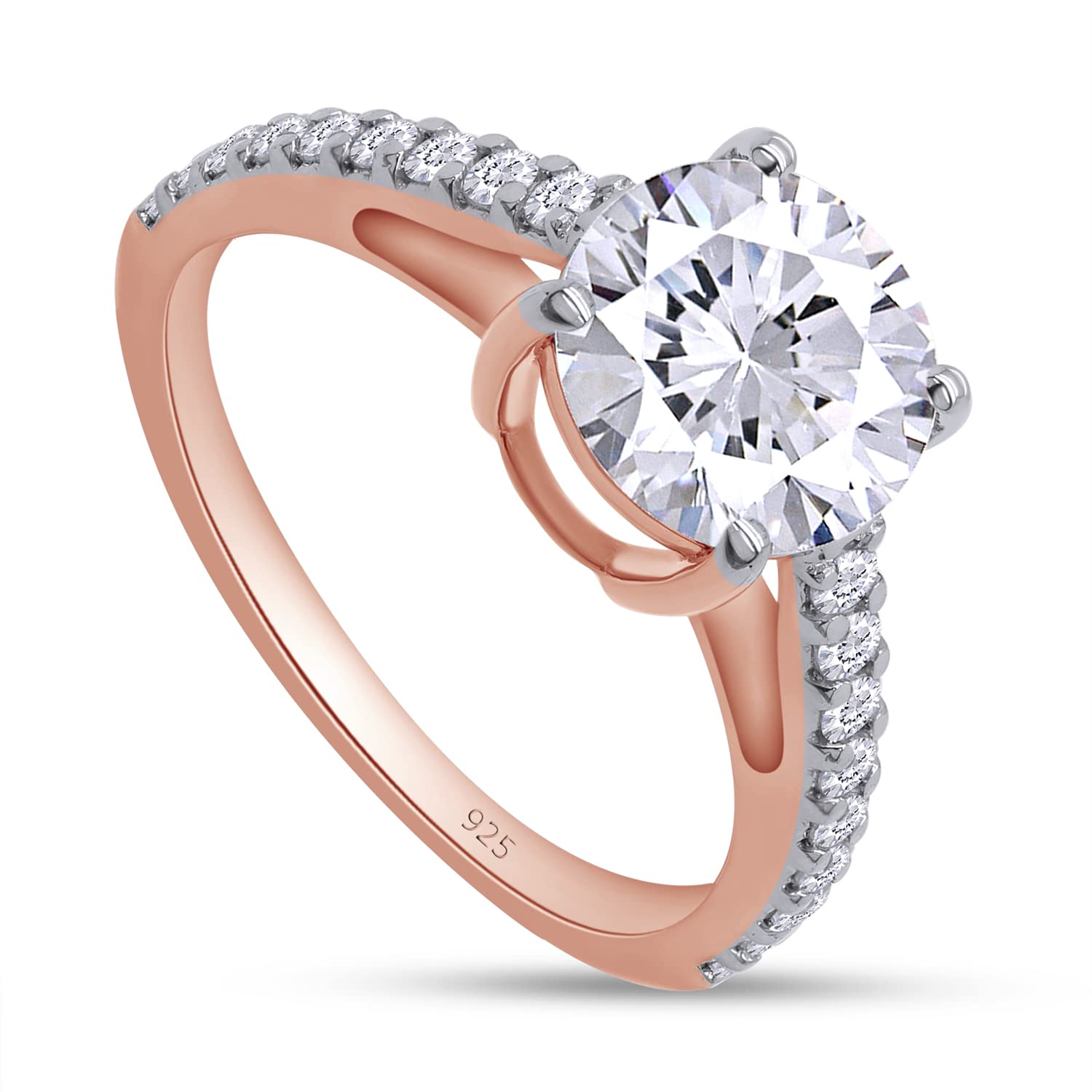 SAVEARTH DIAMONDS Engagement Ring for Women, 18K Rose Gold Over 925 Sterling Silver Ring 2.00 CT D Color VVS1 Clarity Round Cut Solitaire Lab Created Moissanite Rings with Four Prongs, Size - 4.5