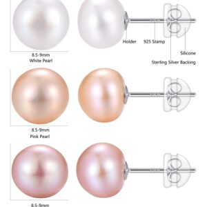 3 Pairs 9mm AAA+ Handpicked Freshwater Cultured Pearl Stud Earrings In Sterling Silver, White/Pink/Light-Pruple Pearl Stud Earrings Set For Women Multipack