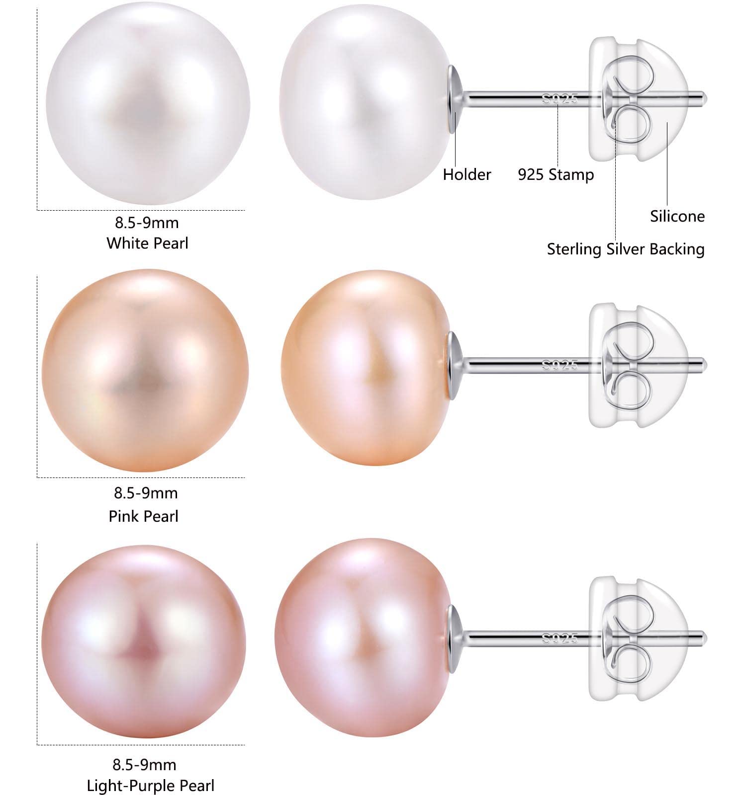 3 Pairs 9mm AAA+ Handpicked Freshwater Cultured Pearl Stud Earrings In Sterling Silver, White/Pink/Light-Pruple Pearl Stud Earrings Set For Women Multipack