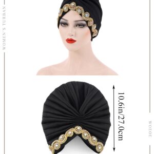 Woeoe Women African Turban Bling Rhinestones Beanie Cap Headwear Pre-Tied Crystal Head Wrap (Black)