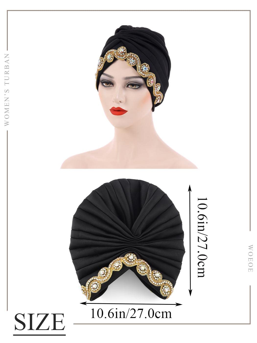 Woeoe Women African Turban Bling Rhinestones Beanie Cap Headwear Pre-Tied Crystal Head Wrap (Black)