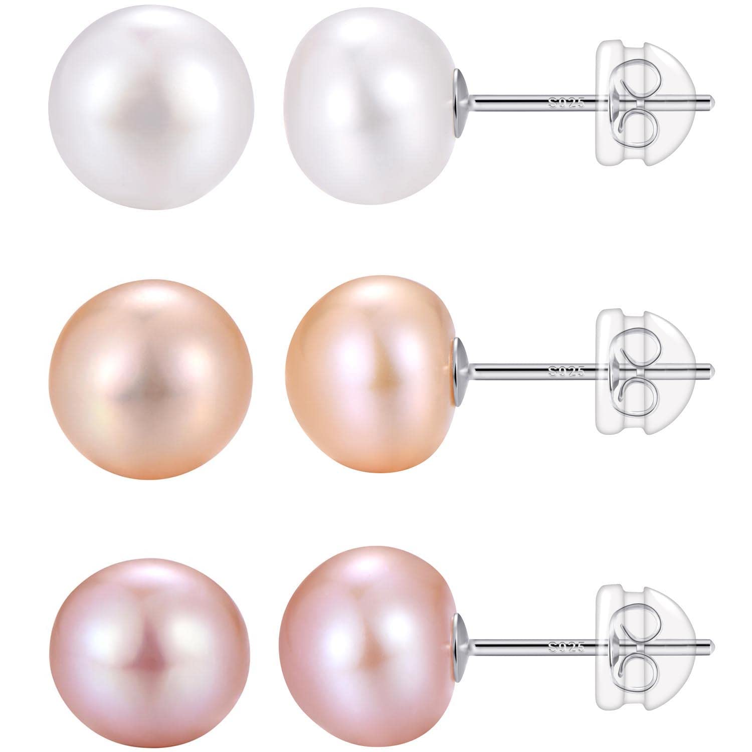 3 Pairs 9mm AAA+ Handpicked Freshwater Cultured Pearl Stud Earrings In Sterling Silver, White/Pink/Light-Pruple Pearl Stud Earrings Set For Women Multipack