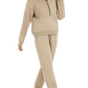 PEHMEA Women's 2 Piece Outfit Fleece Half Zip Sweatshirt and Joggers Pants Set Y2K Tracksuit Sweatsuit(LightKhaki-S)