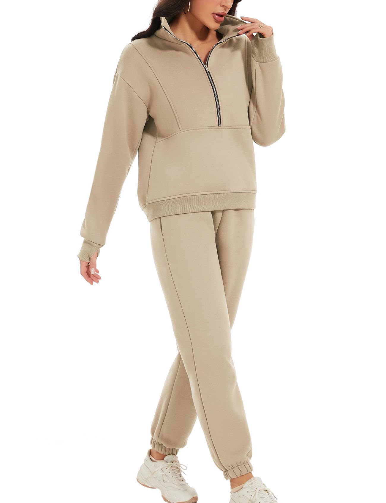 PEHMEA Women's 2 Piece Outfit Fleece Half Zip Sweatshirt and Joggers Pants Set Y2K Tracksuit Sweatsuit(LightKhaki-S)