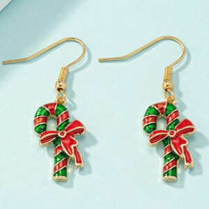 Fashion Christmas Candy Cane Drop Dangle Earrings 14K Gold Plated Red Bow Knot Fish Hook Hoops Earring Cute Xmas Holiday Party Decoration Supplies Jewelry Gifts for Women Teen Girls Accessories