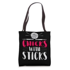 knitting chicks with sticks wool craft tote bag