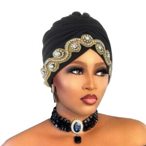 Woeoe Women African Turban Bling Rhinestones Beanie Cap Headwear Pre-Tied Crystal Head Wrap (Black)