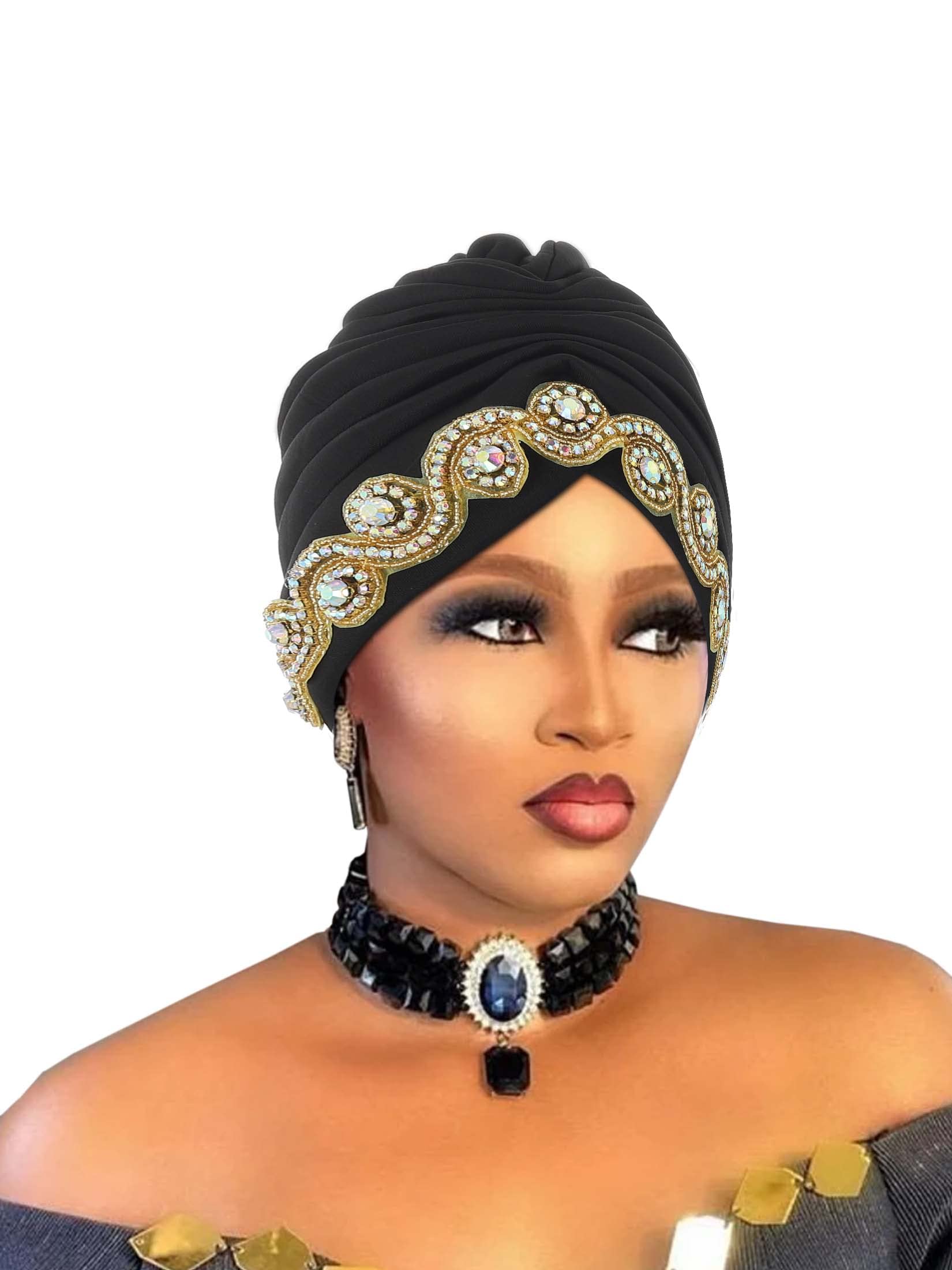 Woeoe Women African Turban Bling Rhinestones Beanie Cap Headwear Pre-Tied Crystal Head Wrap (Black)