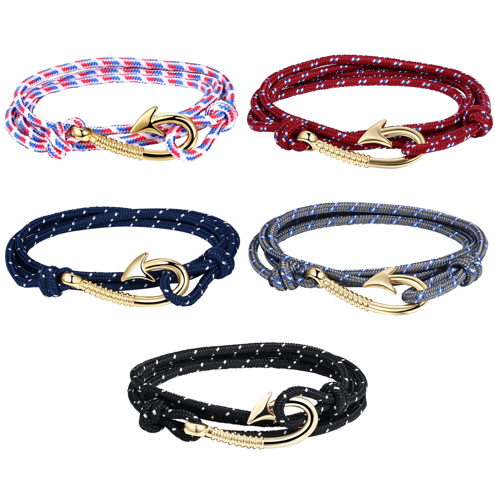 Aroncent 5pcs Fish Hook Bracelet Leather Nylon Braided Wrap Rope Bracelet for Men Wristband Anchor Bracelet Nautical Bracelets for Men Women Graduation Birthday Gift