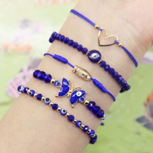 Poranlem Evil Eye Bracelets Pack Mexican Ojo Bracelet Kit Virgin Mary Hamsa sets for Women Teen Girl Crystal Boho Bead Love Butterfly Cross Blue White Pink Purple 19Pcs