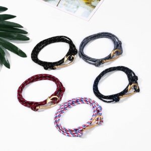 Aroncent 5pcs Fish Hook Bracelet Leather Nylon Braided Wrap Rope Bracelet for Men Wristband Anchor Bracelet Nautical Bracelets for Men Women Graduation Birthday Gift