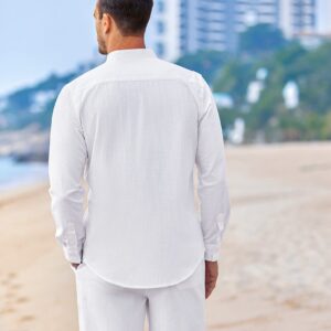 COOFANDY Mens White Beach Shirt And Shorts Casual Long Sleeve V-Neck Beach Shirt And Big And Tall Shorts For Men (White L