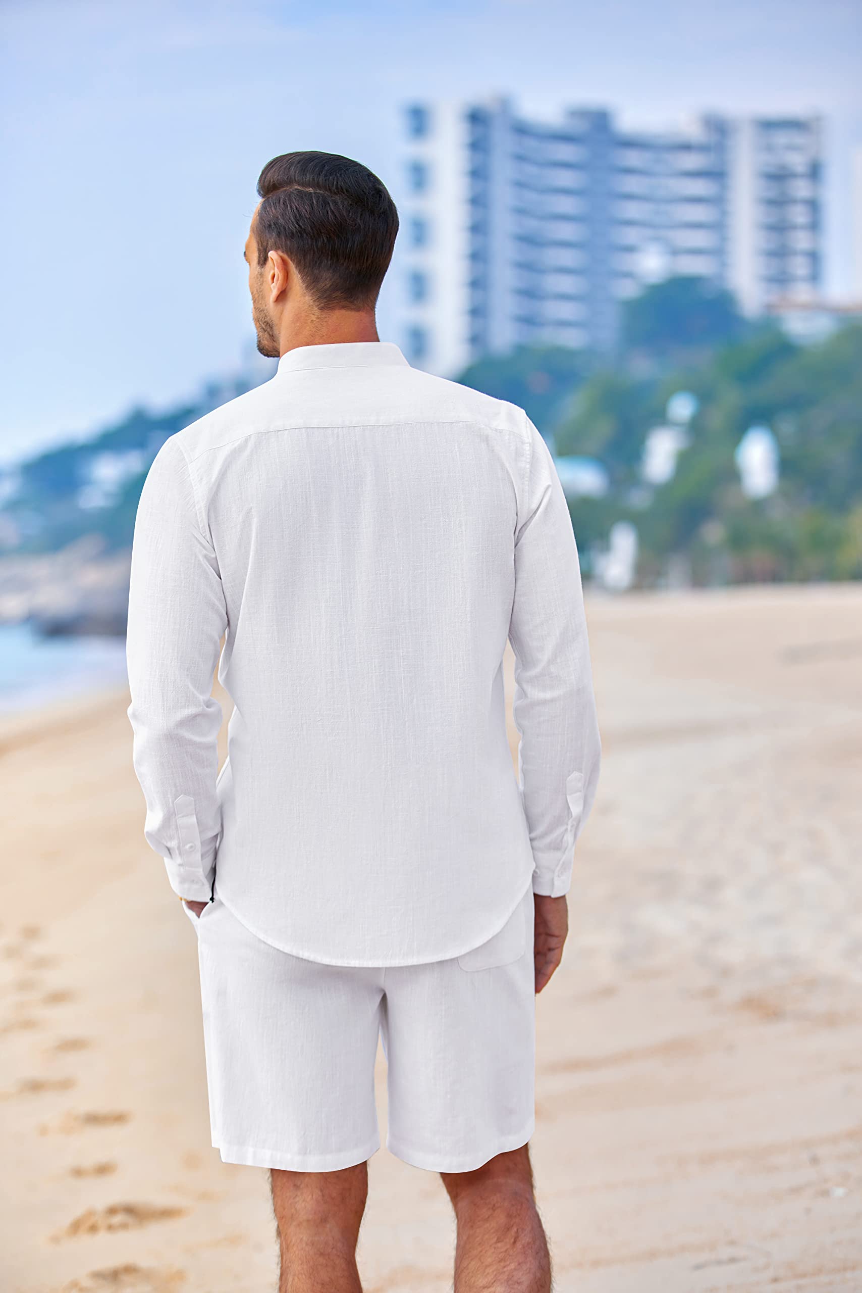 COOFANDY Mens White Beach Shirt And Shorts Casual Long Sleeve V-Neck Beach Shirt And Big And Tall Shorts For Men (White L