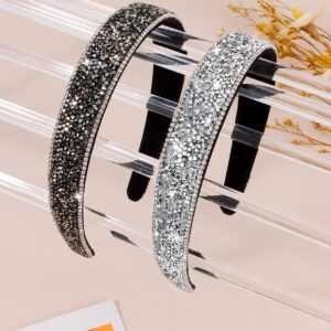 Wecoe 2 Pack Rhinestone Headbands Women Black Silver Headband Wide Headbands For Women Non Slip Fashion Bling Sparkly Diamond Holiday Headband Birthday Wedding Bridal Hair Accessories For Women Girls