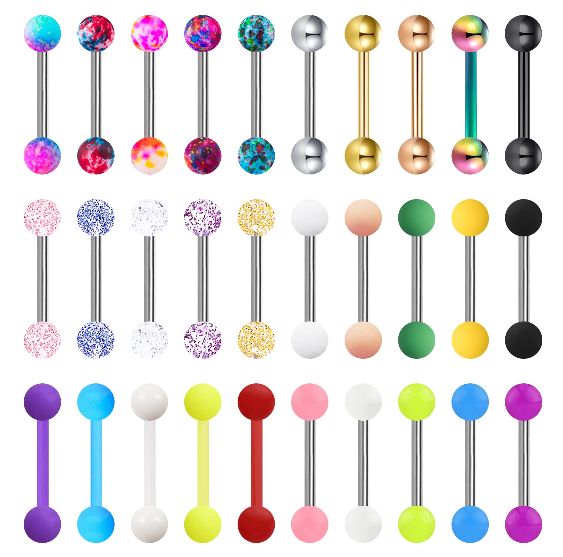 VANGOT 30Pcs 14G Surgical Steel Tongue Rings for Women Stainless Steel Nipple Rings Barbell Body Piercing