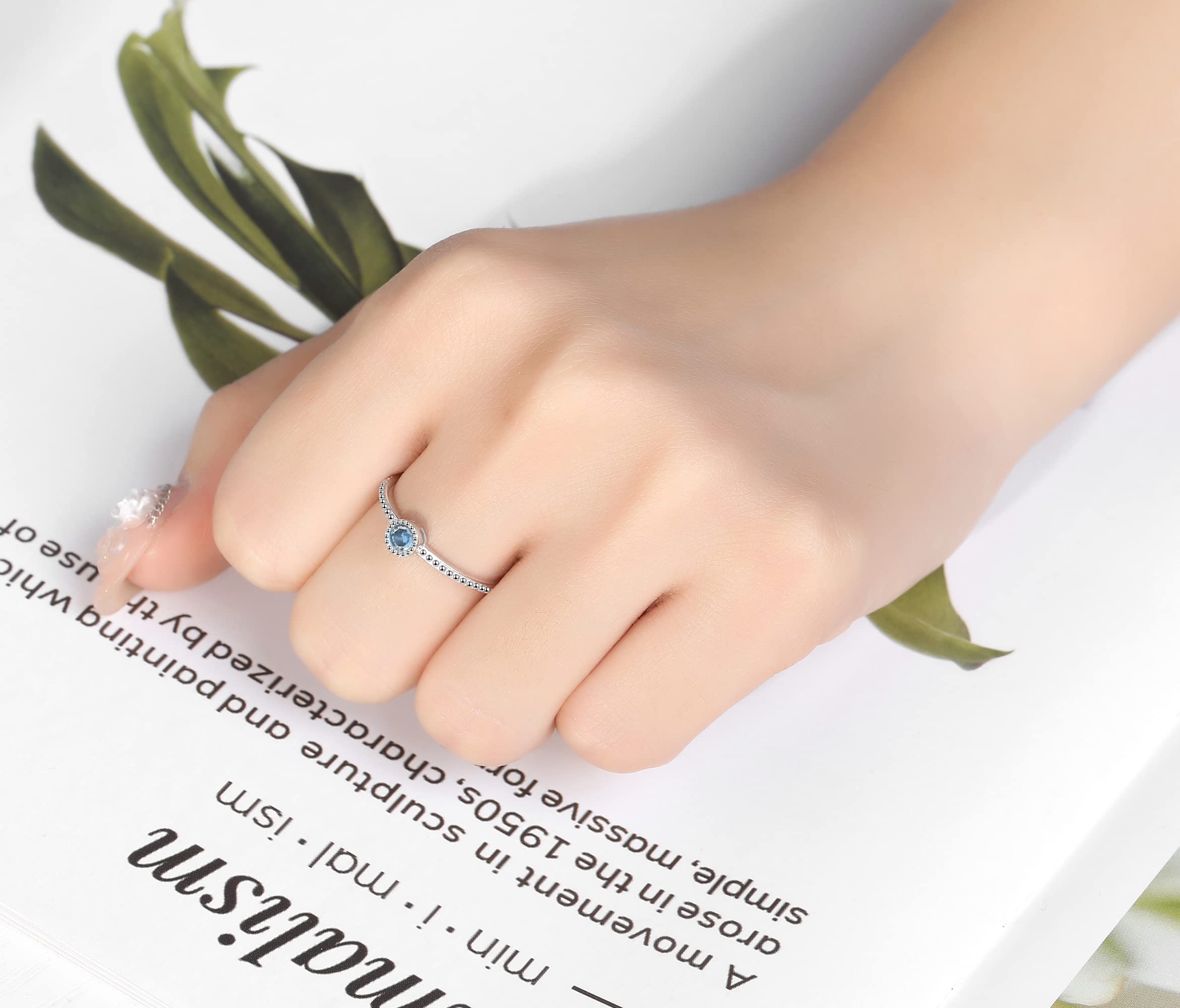 March Birthstone Stacking Rings for Women S925 Sterling Silver, Blue Stackable Ring Knuckle Ring Promise Band Size 8 for Friends, Christmas Anniversary Birthday Gifts Jewelry