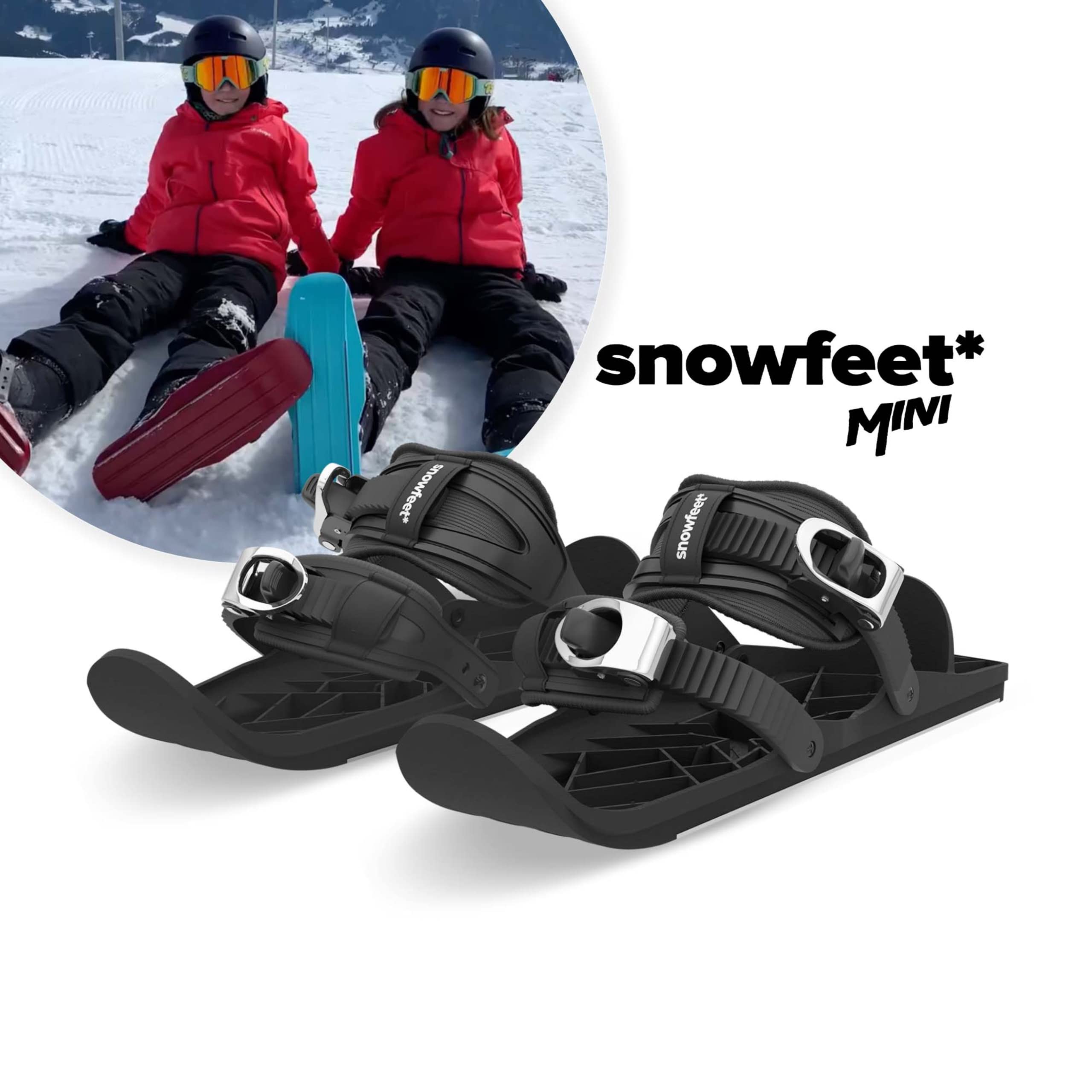 Snowfeet Mini Kids | Shoe Size < 6 US | Mini Ski Skates for Snow | Skis for Winter Shoes | Short Snowskates Snowblades Skiboards | The Real Original (Black)