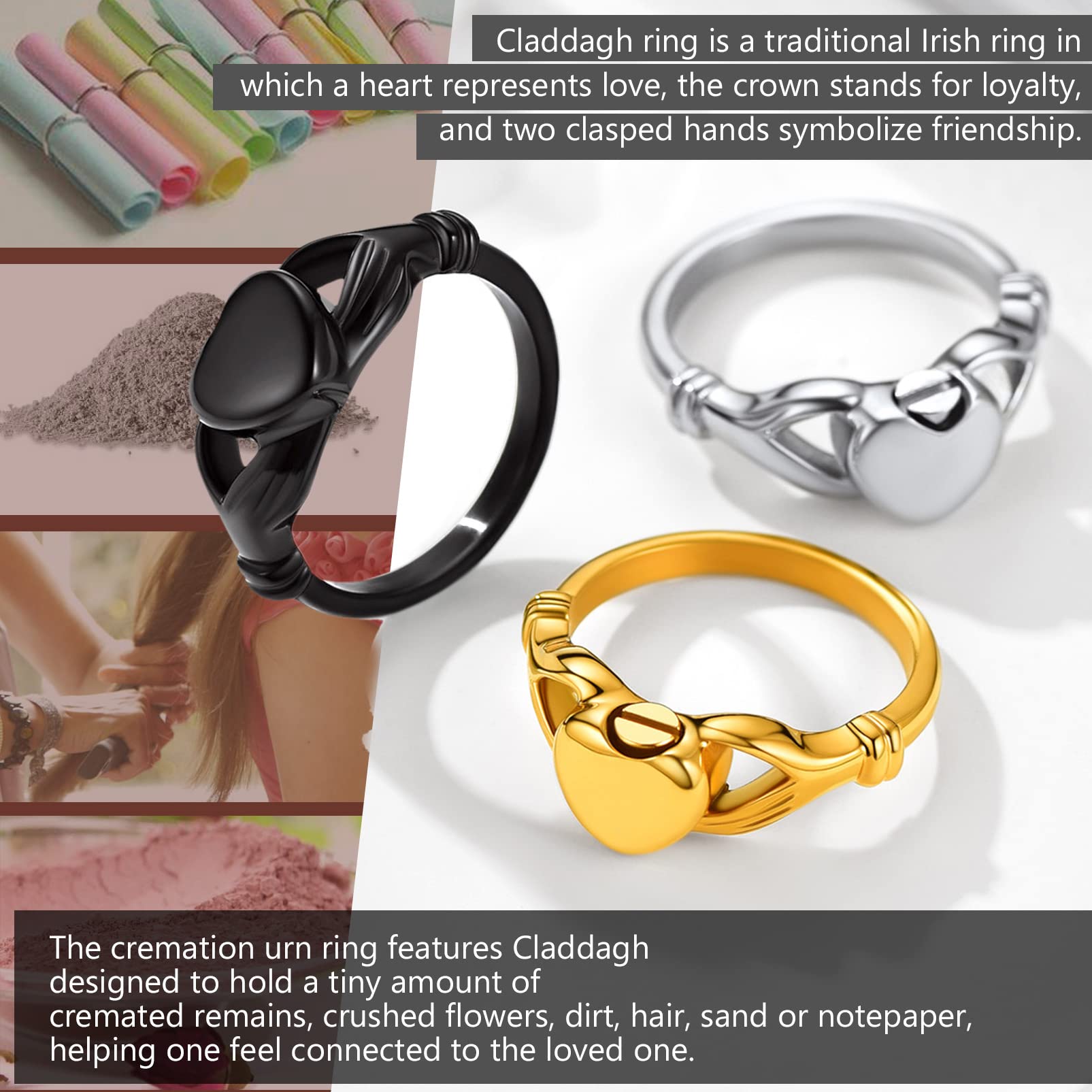 Customize Claddagh Cremation Ring Ashes Keepsake Hold Black Heart Rings