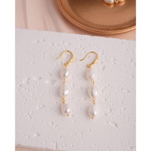 Long Pearl Earrings for Women 14K Gold Plated Sterling Silver Baroque Pearl Dangle Drop Earrings With Elegant Hook (Drop)