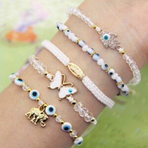 Poranlem Evil Eye Bracelets Pack Mexican Ojo Bracelet Kit Virgin Mary Hamsa sets for Women Teen Girl Crystal Boho Bead Love Butterfly Cross Blue White Pink Purple 19Pcs