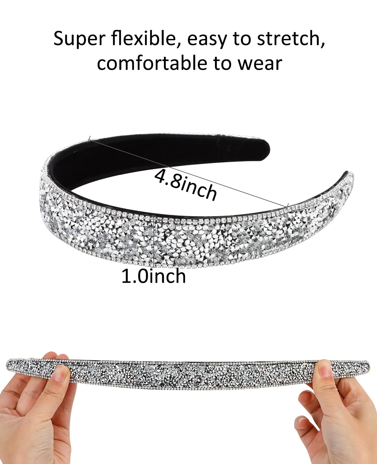 Wecoe 2 Pack Rhinestone Headbands Women Black Silver Headband Wide Headbands For Women Non Slip Fashion Bling Sparkly Diamond Holiday Headband Birthday Wedding Bridal Hair Accessories For Women Girls