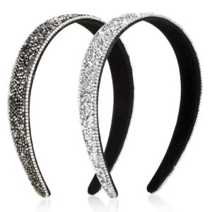 wecoe 2 pack rhinestone headbands women black silver headband wide headbands for women non slip fashion bling sparkly diamond holiday headband birthday wedding bridal hair accessories for women girls