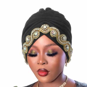 Woeoe Women African Turban Bling Rhinestones Beanie Cap Headwear Pre-Tied Crystal Head Wrap (Black)