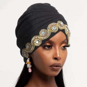 Woeoe Women African Turban Bling Rhinestones Beanie Cap Headwear Pre-Tied Crystal Head Wrap (Black)