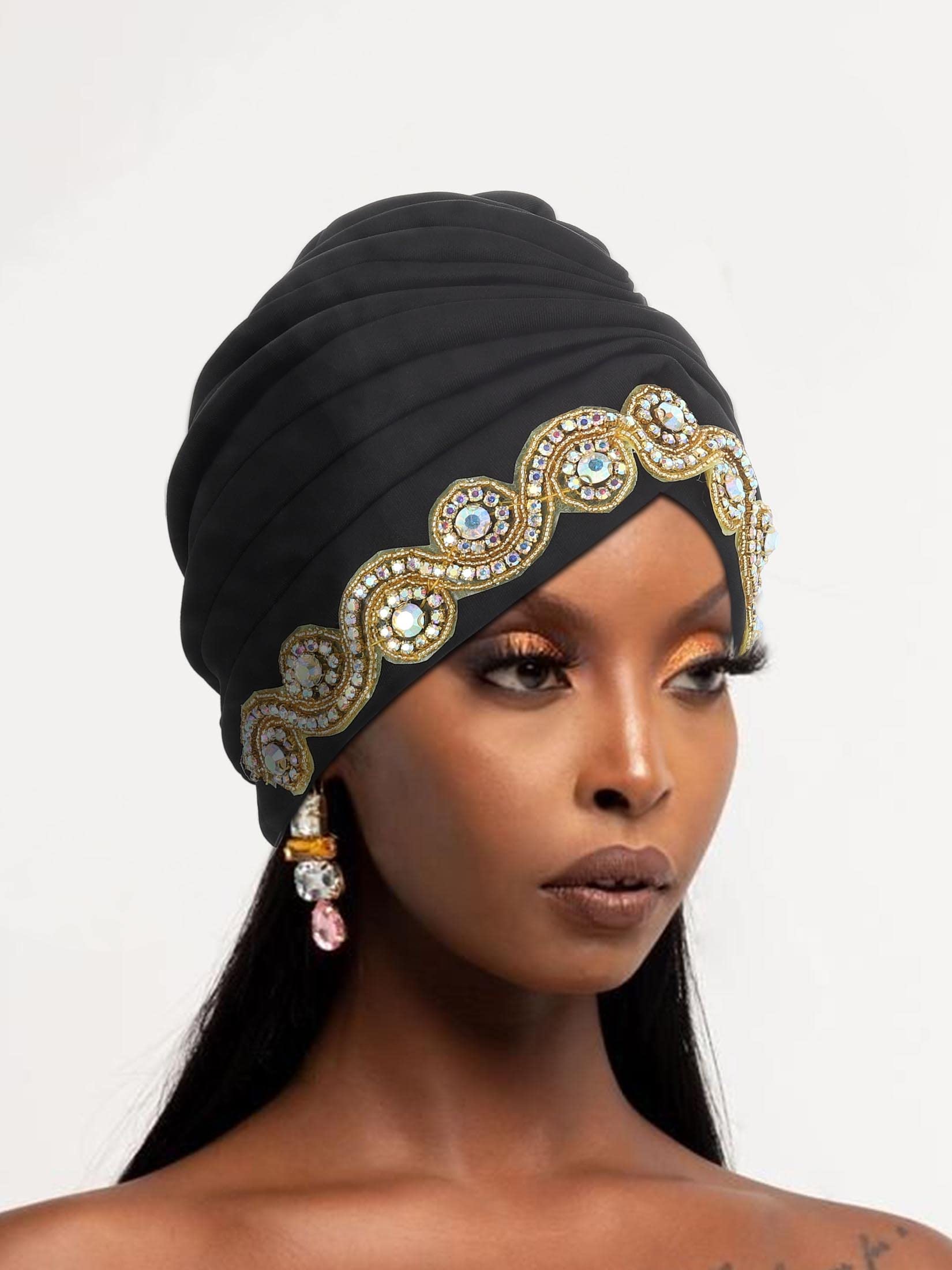 Woeoe Women African Turban Bling Rhinestones Beanie Cap Headwear Pre-Tied Crystal Head Wrap (Black)