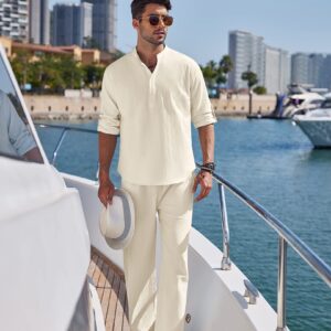 COOFANDY Men's 2 Pieces Cotton Linen Set Long Sleeve Henley Shirts Casual Beach Pants With Pockets Summer Yoga Outfits