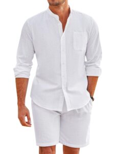 coofandy mens white beach shirt and shorts casual long sleeve v-neck beach shirt and big and tall shorts for men (white l