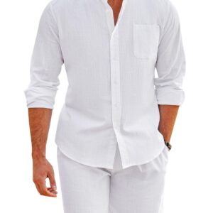 COOFANDY Mens White Beach Shirt And Shorts Casual Long Sleeve V-Neck Beach Shirt And Big And Tall Shorts For Men (White L