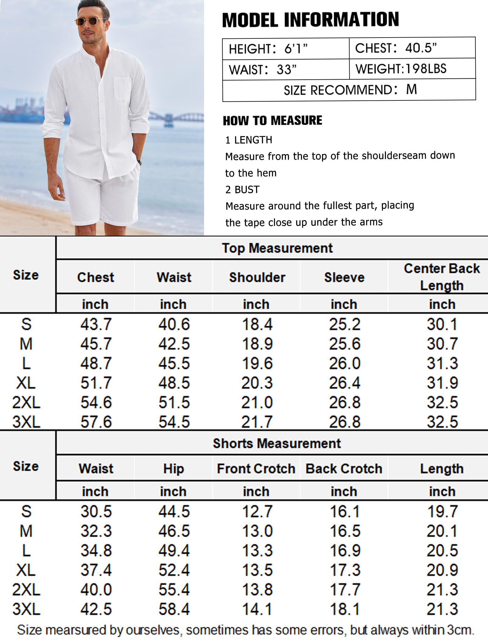 COOFANDY Mens White Beach Shirt And Shorts Casual Long Sleeve V-Neck Beach Shirt And Big And Tall Shorts For Men (White L