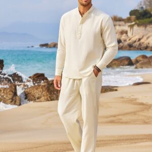 COOFANDY Men's 2 Pieces Cotton Linen Set Long Sleeve Henley Shirts Casual Beach Pants With Pockets Summer Yoga Outfits