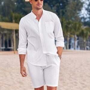 COOFANDY Mens White Beach Shirt And Shorts Casual Long Sleeve V-Neck Beach Shirt And Big And Tall Shorts For Men (White L