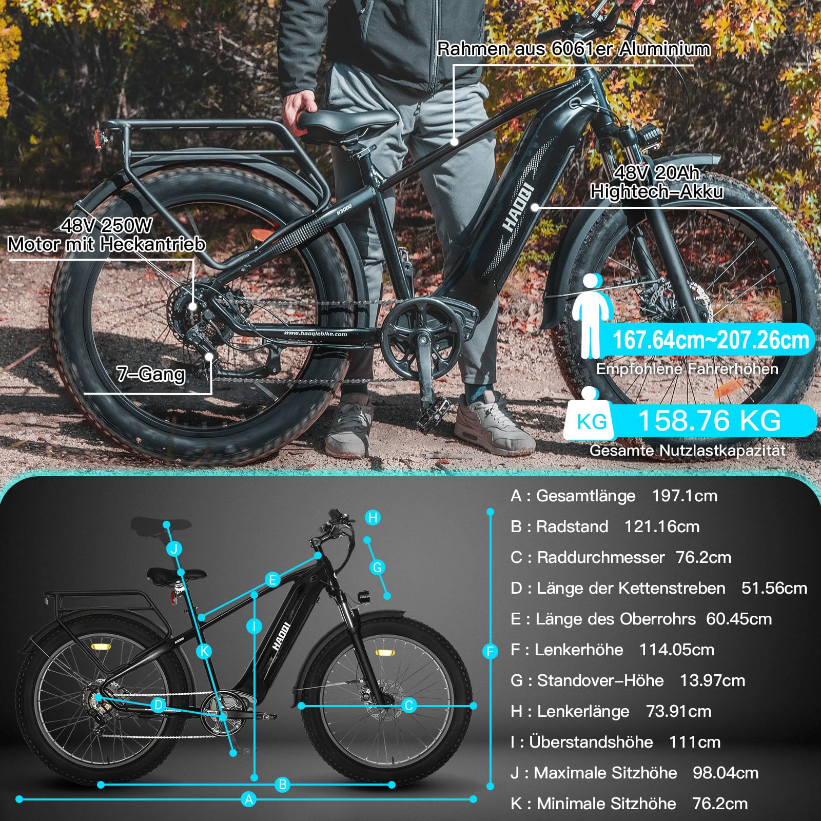 HAOQI Eagle Electric Bike, Peak 1000W Motor All-Terrain Ebike 48V 20AH Removable Battery up to 80 Miles 28MPH 26" * 4" Fat Tire Front Suspension Electric Mountain Bike for Adults 7-Speed