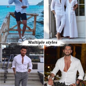 COOFANDY Mens White Beach Shirt And Shorts Casual Long Sleeve V-Neck Beach Shirt And Big And Tall Shorts For Men (White L