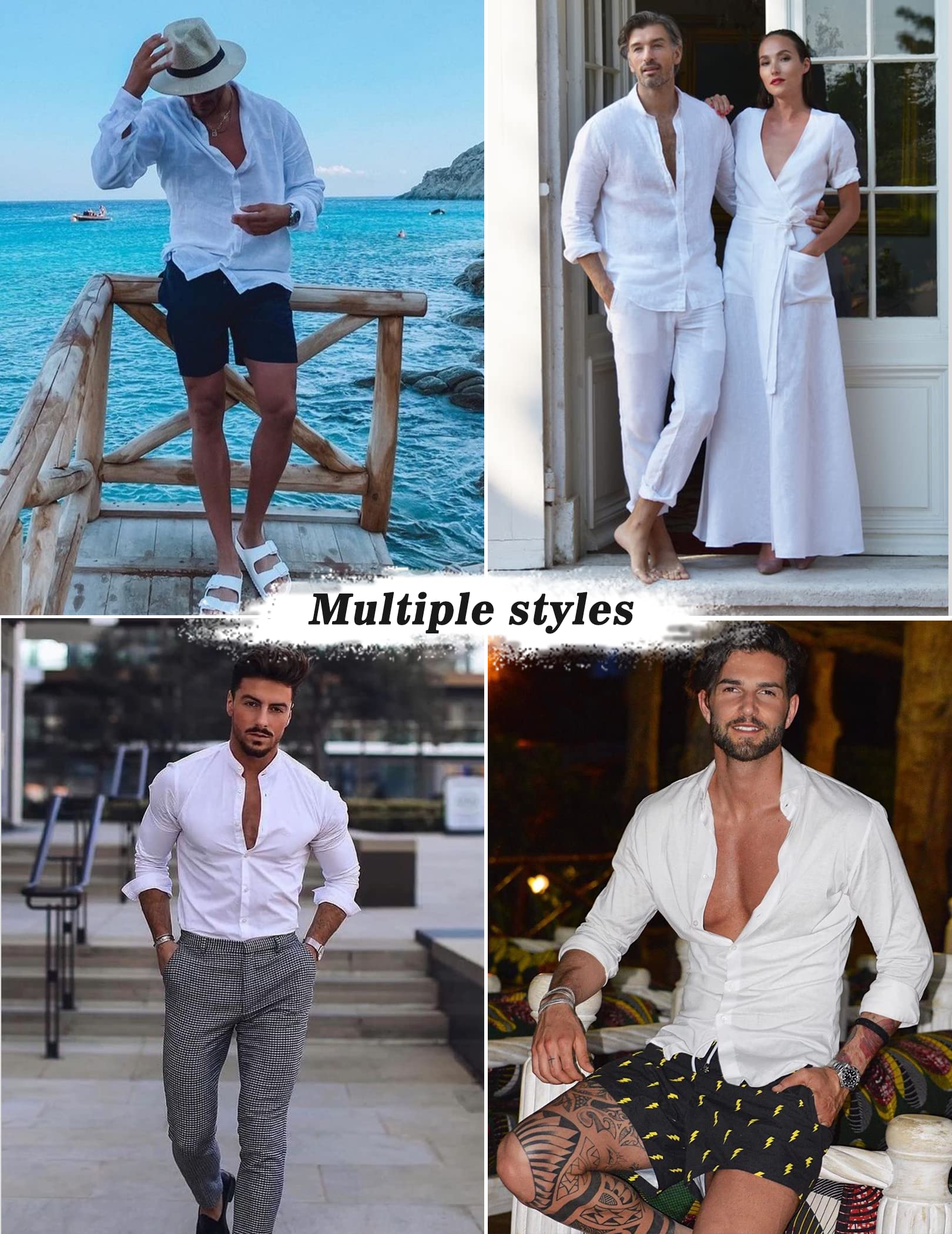 COOFANDY Mens White Beach Shirt And Shorts Casual Long Sleeve V-Neck Beach Shirt And Big And Tall Shorts For Men (White L