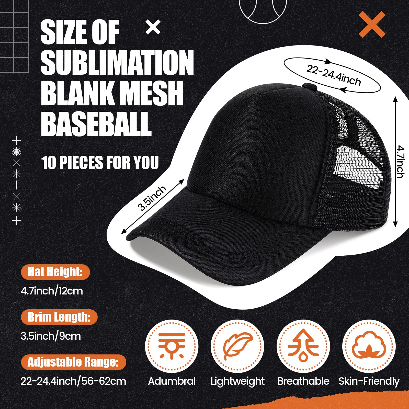 10 Pcs Sublimation Blank Trucker Hats Bulk Mesh Baseball Cap Polyester Mesh Trucker Hat for Men and Women (Black)