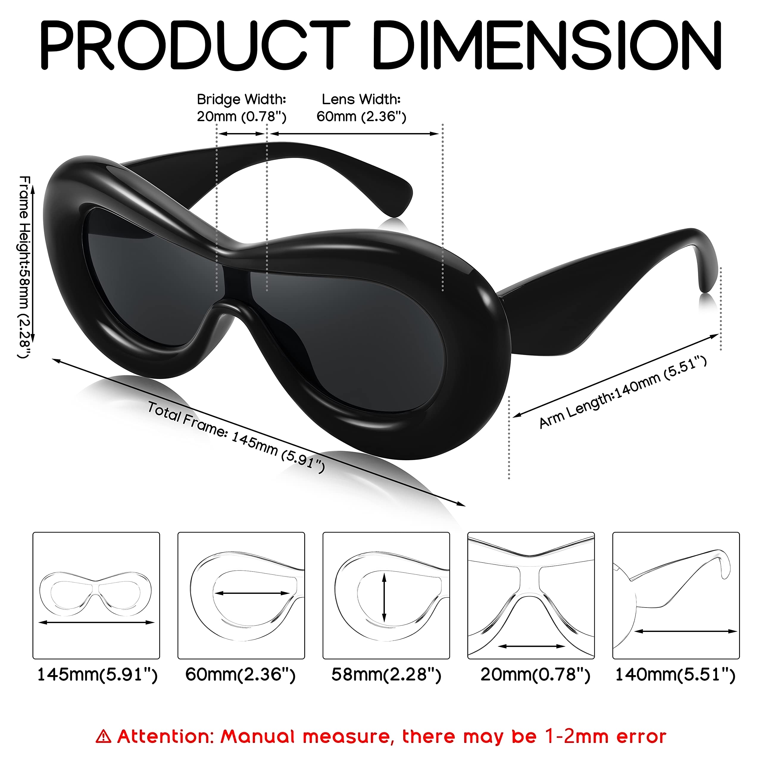 FEISEDY Oversized Inflated Oval Sunglasses for Women Men Fashion Thick Frame Y2K Glasses Funny Aesthetic Shades B9088 (Black, 60MM)