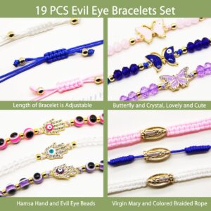 Poranlem Evil Eye Bracelets Pack Mexican Ojo Bracelet Kit Virgin Mary Hamsa sets for Women Teen Girl Crystal Boho Bead Love Butterfly Cross Blue White Pink Purple 19Pcs