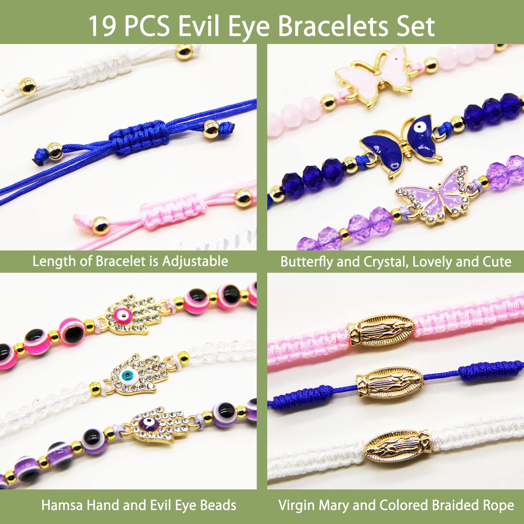 Poranlem Evil Eye Bracelets Pack Mexican Ojo Bracelet Kit Virgin Mary Hamsa sets for Women Teen Girl Crystal Boho Bead Love Butterfly Cross Blue White Pink Purple 19Pcs