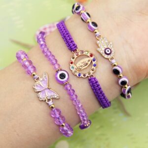 Poranlem Evil Eye Bracelets Pack Mexican Ojo Bracelet Kit Virgin Mary Hamsa sets for Women Teen Girl Crystal Boho Bead Love Butterfly Cross Blue White Pink Purple 19Pcs