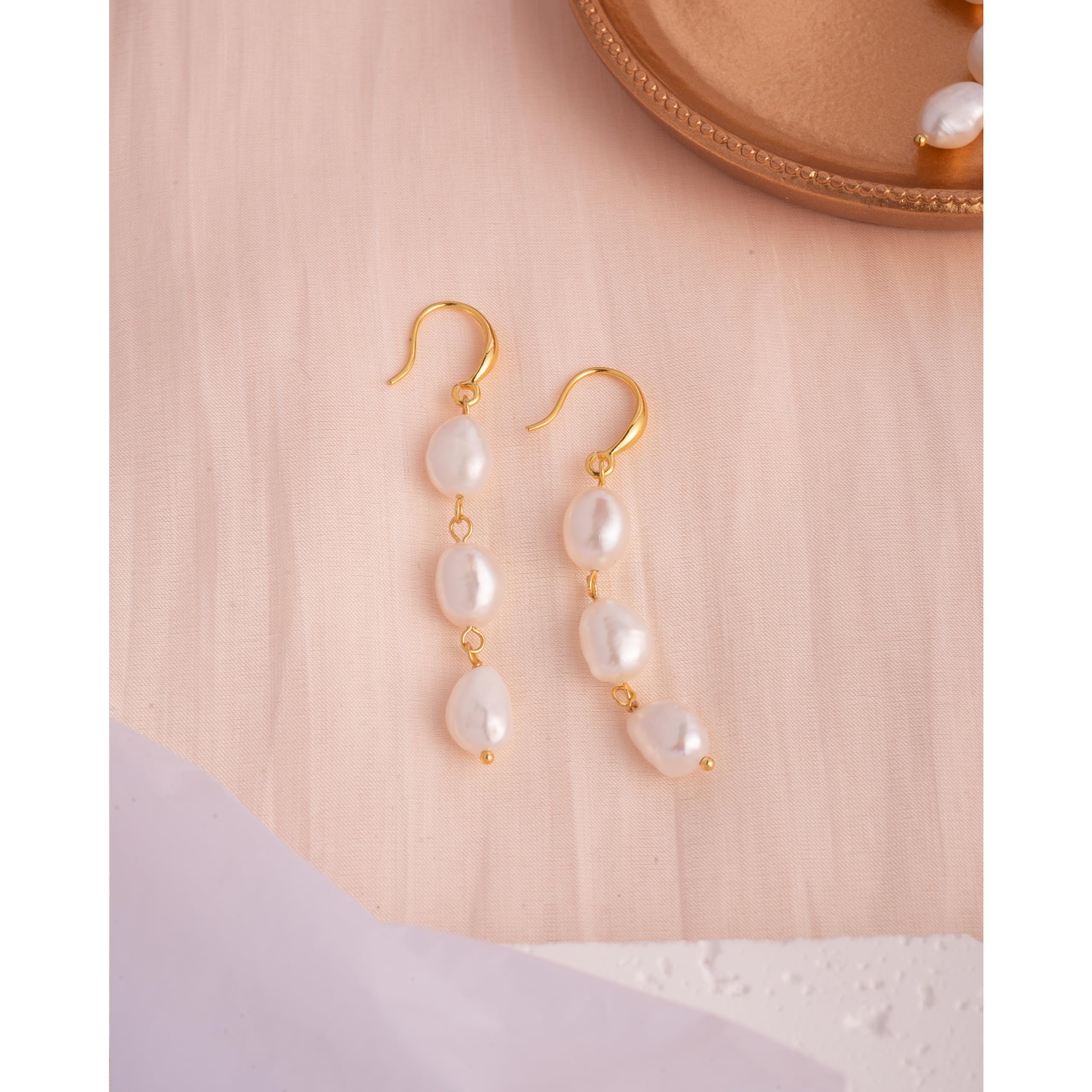 Long Pearl Earrings for Women 14K Gold Plated Sterling Silver Baroque Pearl Dangle Drop Earrings With Elegant Hook (Drop)